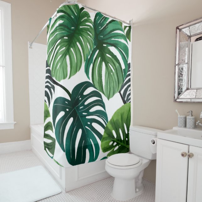 Monstera Leaves Watercolor Botanical Tropical Shower Curtain (In Situ)