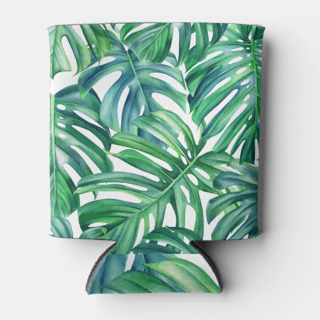 Monstera Leaves: Watercolor Jungle Pattern. Can Cooler (Front)