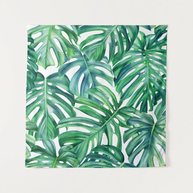 Monstera Leaves: Watercolor Jungle Pattern. Tapestry (Front)