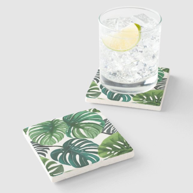 Monstera Leaves Watercolor Modern Botanical Stone Coaster (Side)