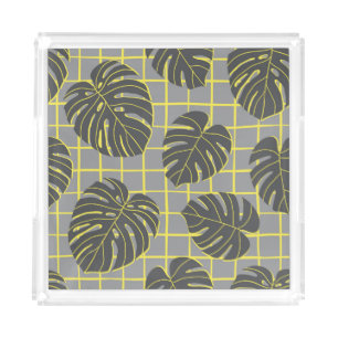 Monstera Leaves: Yellow-Grey Modern Abstract Acrylic Tray