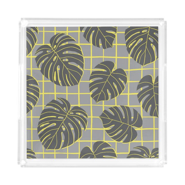 Monstera Leaves: Yellow-Grey Modern Abstract Acrylic Tray (Front)
