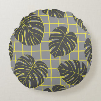 Monstera Leaves: Yellow-Grey Modern Abstract Round Pillow
