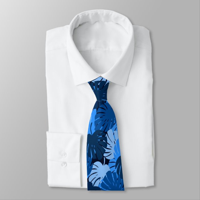 Monstera Midnight Blue Hawaii Tropical Neck Tie (Tied)