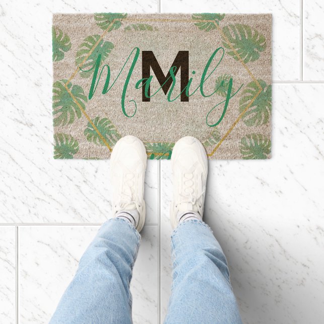 Monstera Mini Leaf Initial Name Tropical Plants Fiber Doormat (Insitu)