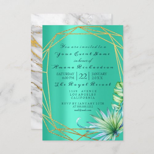 Monstera Mint Tropic Marble Gold  Birthday Bridal Invitation