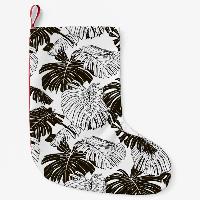 Monstera Monochrome: Black-White Seamless. Small Christmas Stocking (Front)