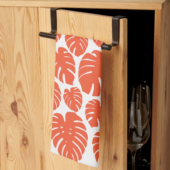 Monstera - Orange and White Kitchen Towel (Thirds Fold)