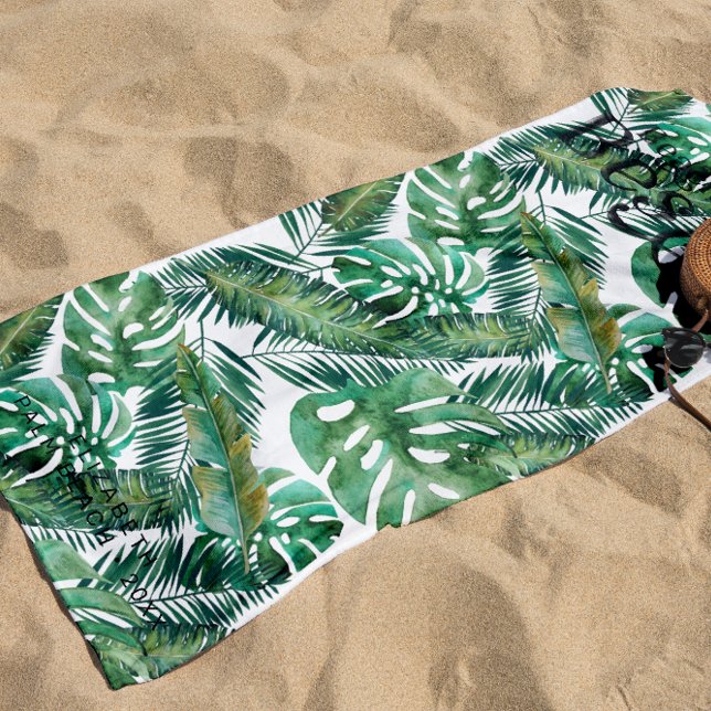 Monstera Palm Banana Tropical Leaves | Monogram  Beach Towel (Creator Uploaded)