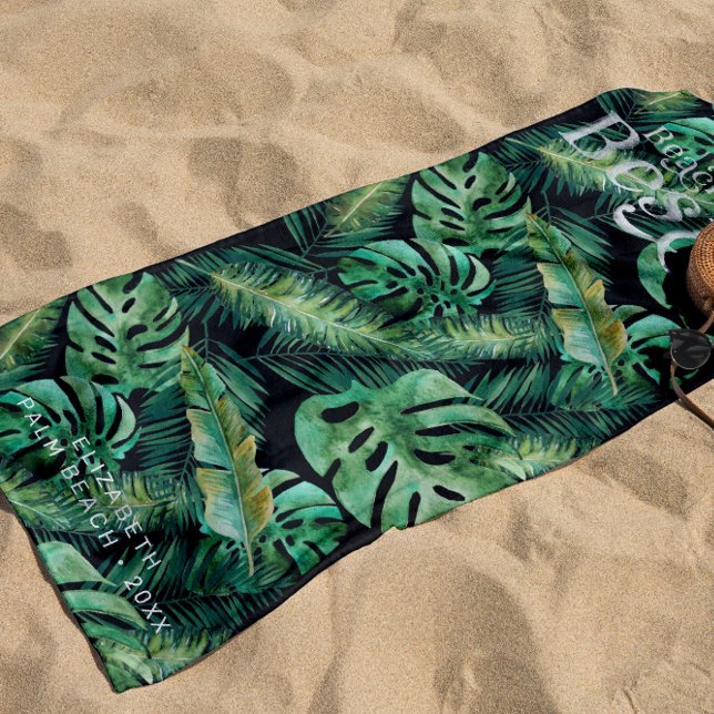 Monstera Palm Banana Tropical Leaves | Monogram Beach Towel (Creator Uploaded)