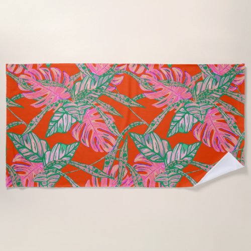 Monstera palm coleus leaf tropical red green pink beach towel