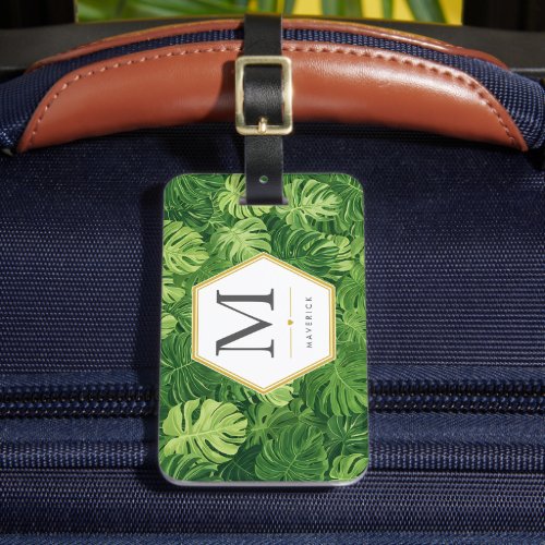 Monstera Palm Leaf Tropical Greenery Gold Hexagon Luggage Tag