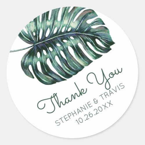 Monstera Palm Leaf Tropical Wedding Thank You Classic Round Sticker