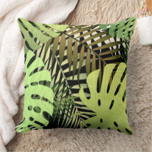 Monstera palm leaves tropical jungle throw pillow