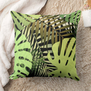 Monstera palm leaves tropical jungle throw pillow