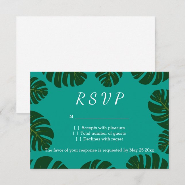 Monstera palm RSVP beach wedding response cards (Front/Back)