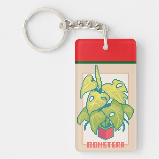 Monstera Pixelart, Pixel Art Keychain (Front)