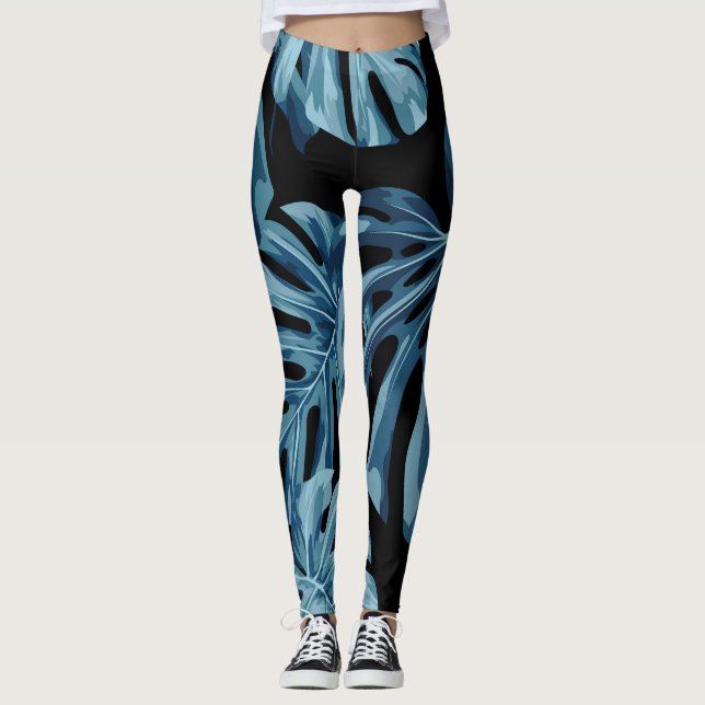 Monstera plant: blue leaves pattern. leggings (Front)