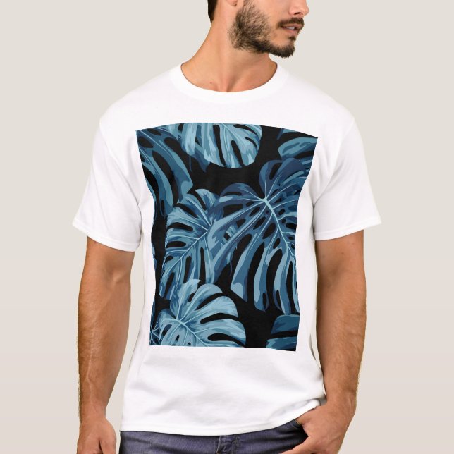 Monstera plant: blue leaves pattern. T-Shirt (Front)