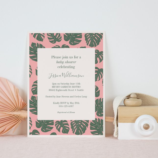 Monstera Plant Botanical Pink Green Baby Shower Invitation (Creator Uploaded)