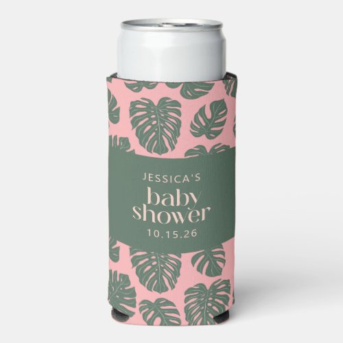 Monstera Plant Botanical Pink Green Baby Shower Seltzer Can Cooler