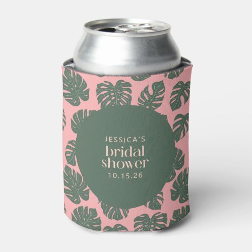 Monstera Plant Botanical Pink Green Bridal Shower Can Cooler