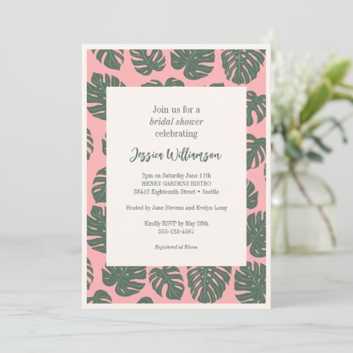 Monstera Plant Botanical Pink Green Bridal Shower Invitation