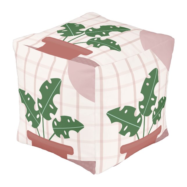 Monstera Plants Terracotta Plaid Background Pink Pouf (Angled Front)