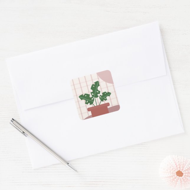Monstera Plants Terracotta Plaid Background Pink Square Sticker (Envelope)