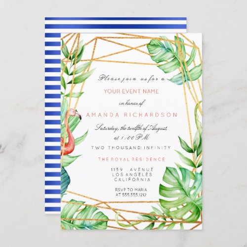 Monstera Poligonal Frame Flamingo Gold Stripe Blue Invitation