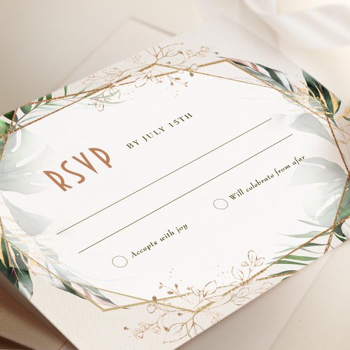 Monstera RSVP Wedding Insert Green  Gold Invitati Invitation