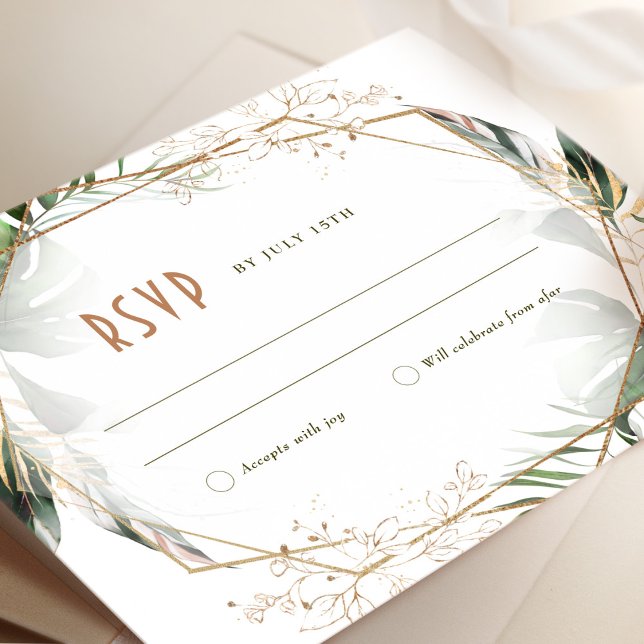 Monstera RSVP Wedding Insert Green & Gold Invitation (Creator Uploaded)