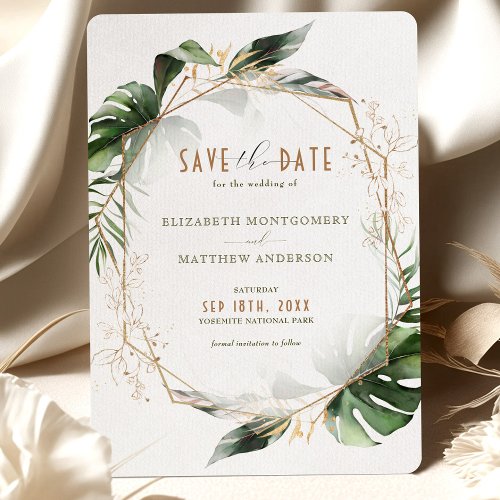 Monstera Save The Date Green  Gold Wedding Invitation