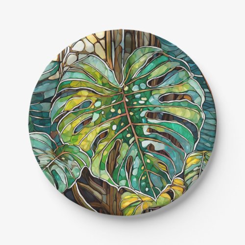Monstera stained glass paper plates