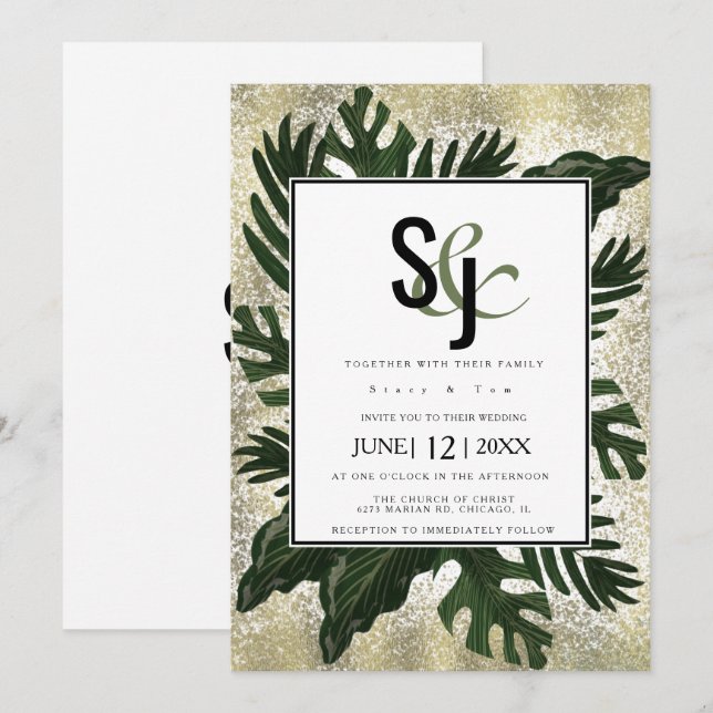 Monstera Tropical Faux Gold Splash Wedding Suite Invitation (Front/Back)