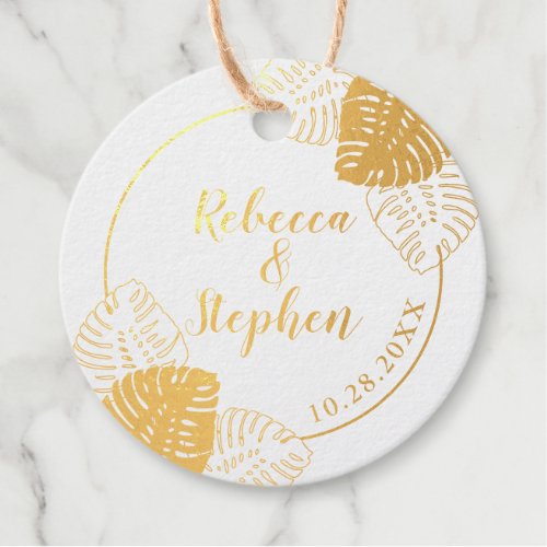 Monstera Tropical Leaf Border REAL FOIL Round Foil Favor Tags