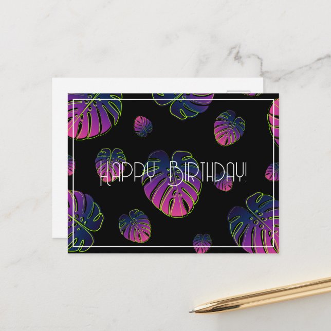 Monstera Tropical Leaf Happy Birthday Postcard (Front/Back In Situ)