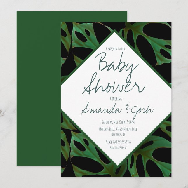Monstera Tropical Leaf Pattern Baby Shower Black Invitation (Front/Back)