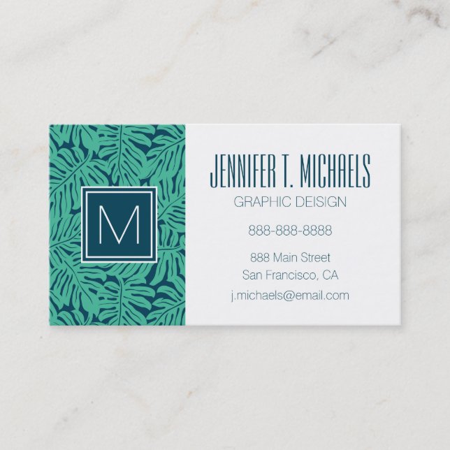 Monstera Tropical Leaf Pattern | Monogram Business Card (Front)