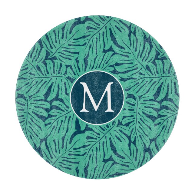 Monstera Tropical Leaf Pattern | Monogram Cutting Board (Front)