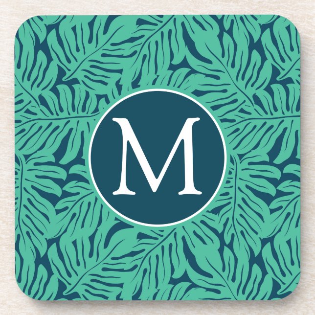 Monstera Tropical Leaf Pattern | Monogram Drink Coaster (Front)
