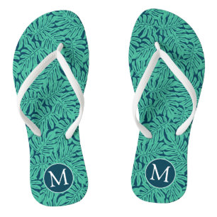 Monstera Tropical Leaf Pattern Monogram Flip Flops