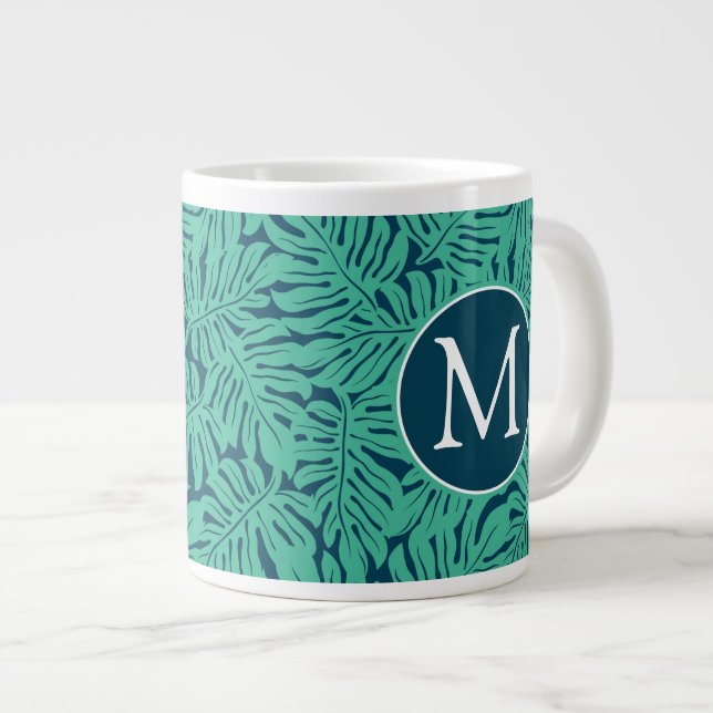 Monstera Tropical Leaf Pattern | Monogram Giant Coffee Mug (Front Right)
