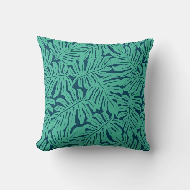 Monstera Tropical Leaf Pattern | Monogram Throw Pillow (Front)