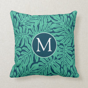 Monstera Tropical Leaf Pattern Monogram Throw Pillow