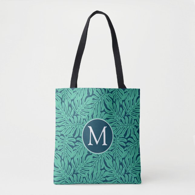 Monstera Tropical Leaf Pattern | Monogram Tote Bag (Front)