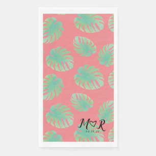 Monstera Tropical Leaf Pink Green Wedding Logo Paper Guest Towels