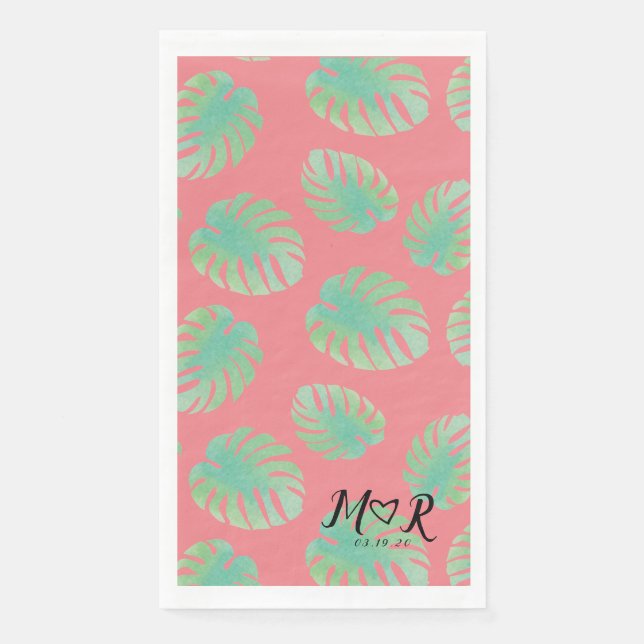 Monstera Tropical Leaf  Pink Green Wedding Logo    Paper Guest Towels (Front)