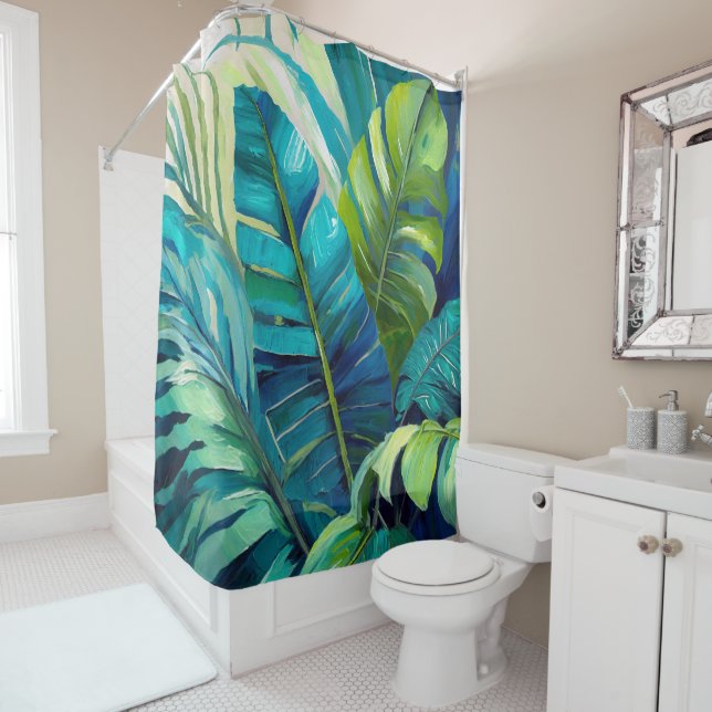 Monstera Tropical Leaf Rug Shower Curtain (In Situ)
