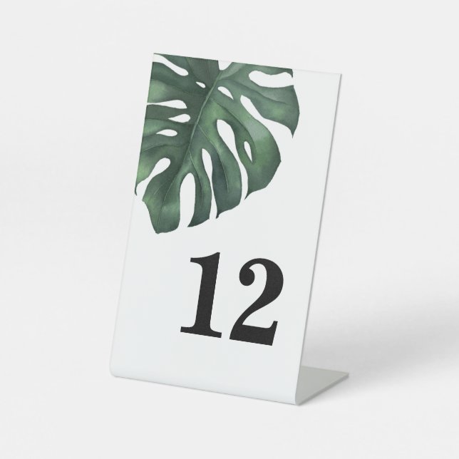 Monstera Tropical Leaf Wedding Table Number Pedestal Sign (Front)